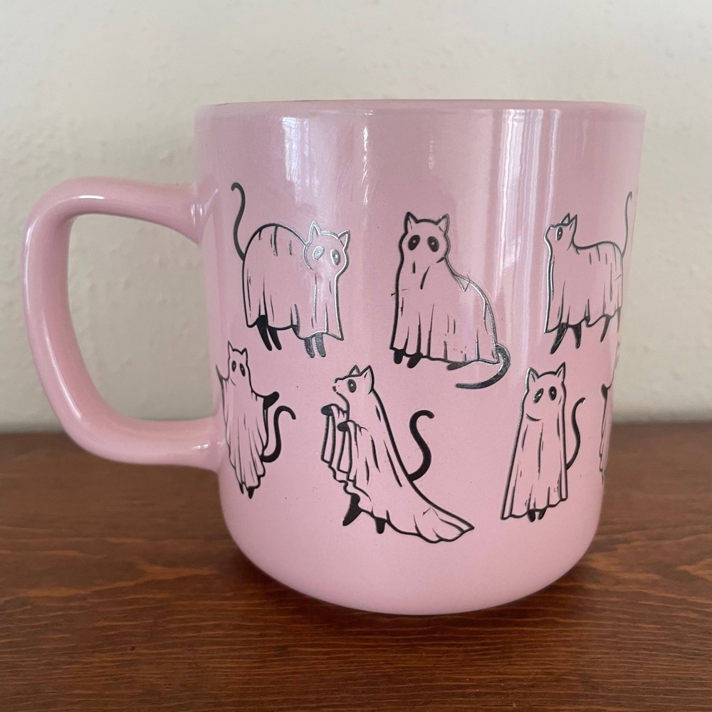 Cat Ghosts Mug Pink Black Kitty Paranormal Coffee Cup Halloween Big READ